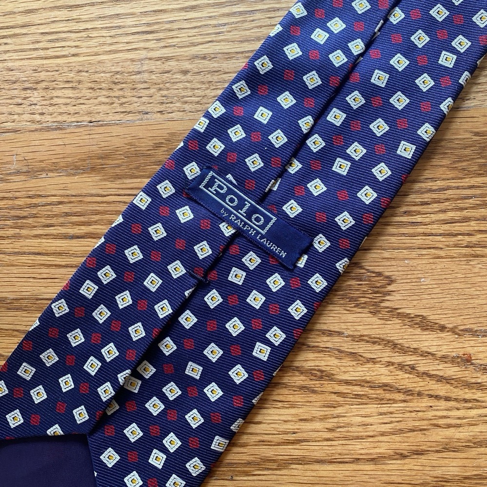 Vintage Polo Ralph Lauren 100% Silk Tie Navy Blue Geometric Pattern Necktie